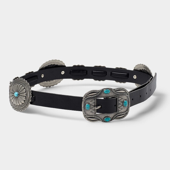 Simons Accessories - Floral metal medallion and blue turquoise stone faux leather western belt NWT